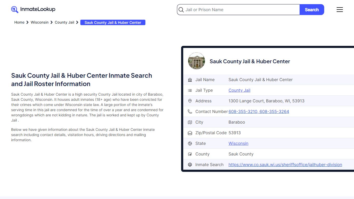 Sauk County Jail & Huber Center Inmate Search, Jail Roster, Bookings ...